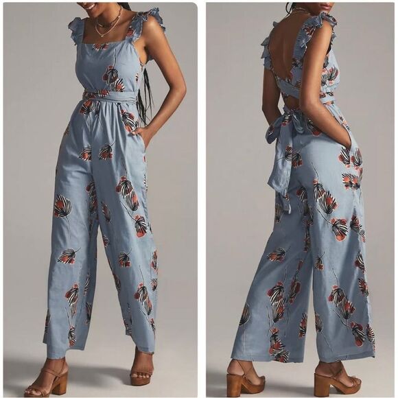 Anthropologie Bel Kazan Blue Floral Evie wide leg jumpsuit l organic cotton L - Picture 1 of 16